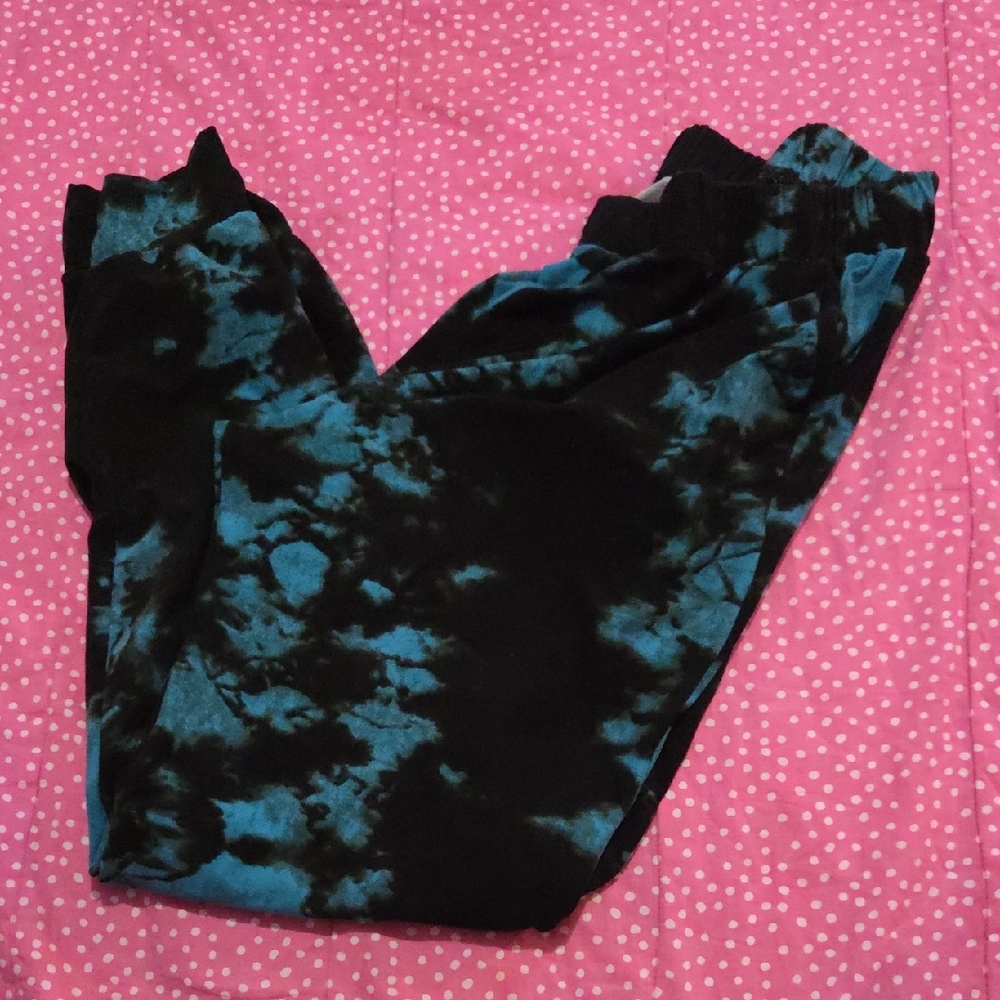 Unisex Tie-Dye Black & Teal Jogger Bottoms -XL Really Stretchy Can Fit Bigger